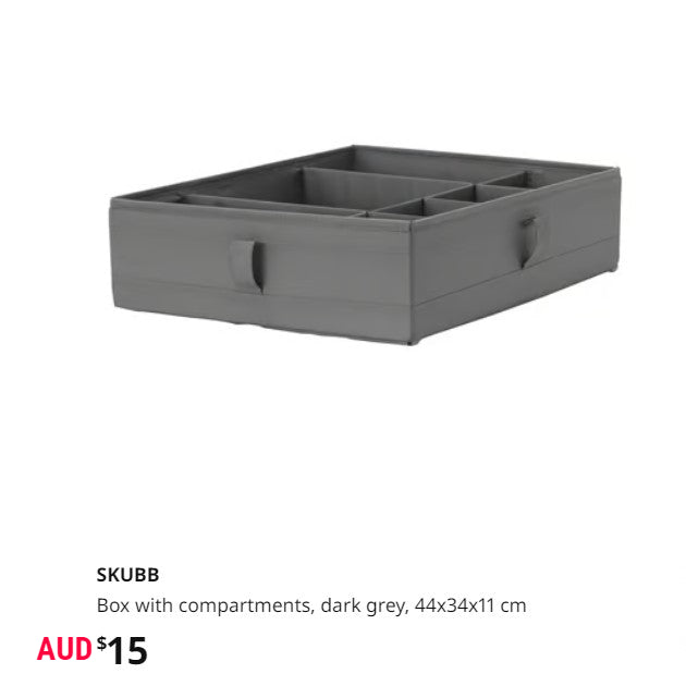 IKEA SKUBB Box with compartments, dark grey, 44x34x11 cm