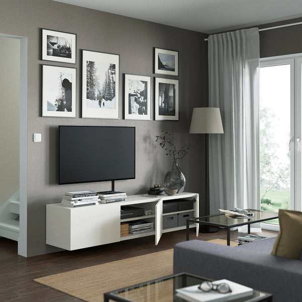 IKEA BESTA wall mounted TV bench with 3 doors, white, 180x42x38 cm