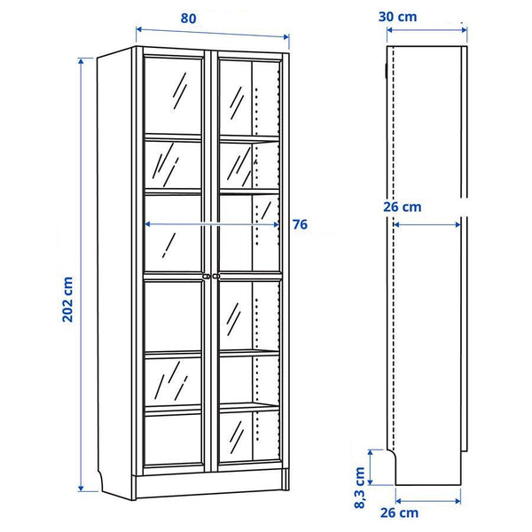 IKEA BILLY Bookcase with glass doors, white, 80x30x202 cm