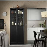 IKEA BILLY Bookcase with panel/glass doors, black oak effect, 80x30x202 cm
