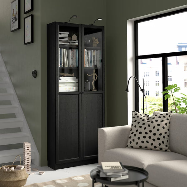 IKEA BILLY Bookcase with panel/glass doors, black oak effect, 80x30x202 cm