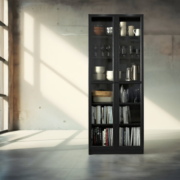 IKEA BILLY Bookcase with glass doors, black oak effect, 80x30x202 cm