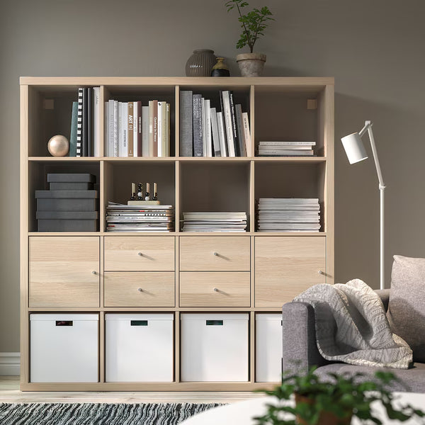 IKEA KALLAX Shelving with 2 doors/2 drawers, oak effect, 147x147 cm