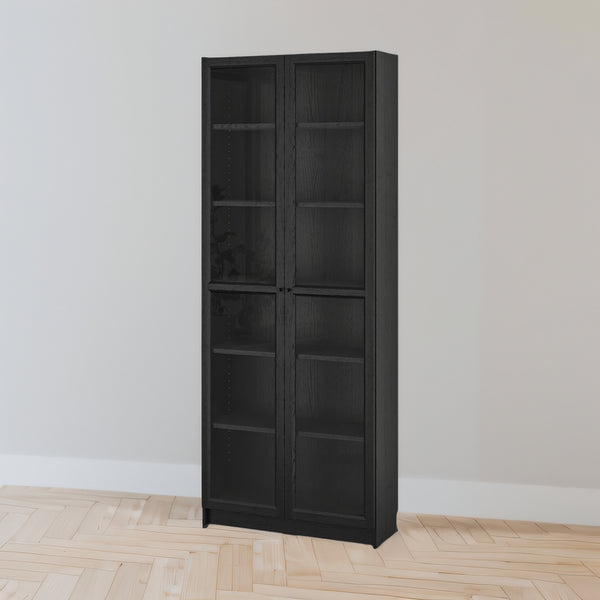 IKEA BILLY Bookcase with glass doors, black oak effect, 80x30x202 cm