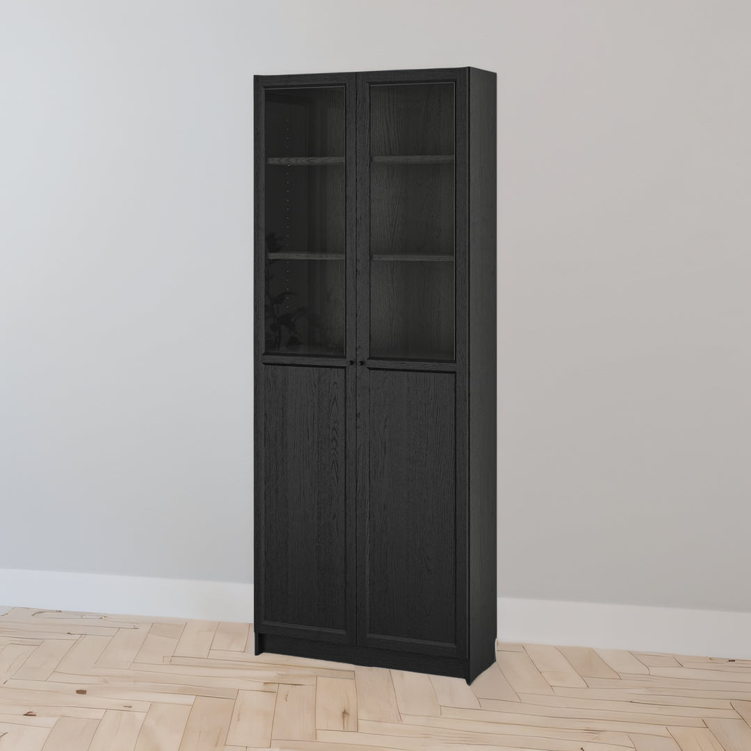 IKEA BILLY Bookcase with panel/glass doors, black oak effect, 80x30x202 cm