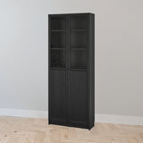 IKEA BILLY Bookcase with panel/glass doors, black oak effect, 80x30x202 cm