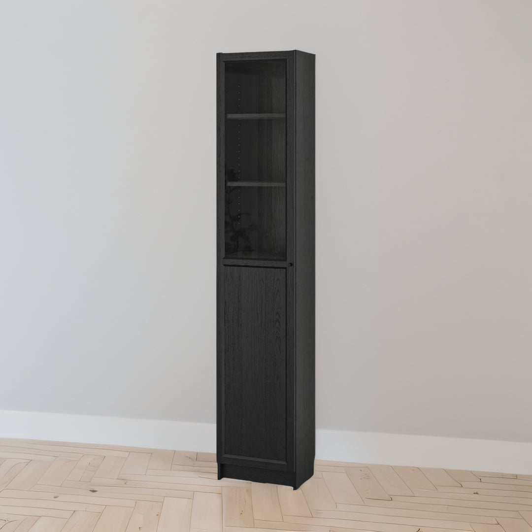 IKEA BILLY Bookcase w panel/glass door, black oak effect, 40x30x202 cm