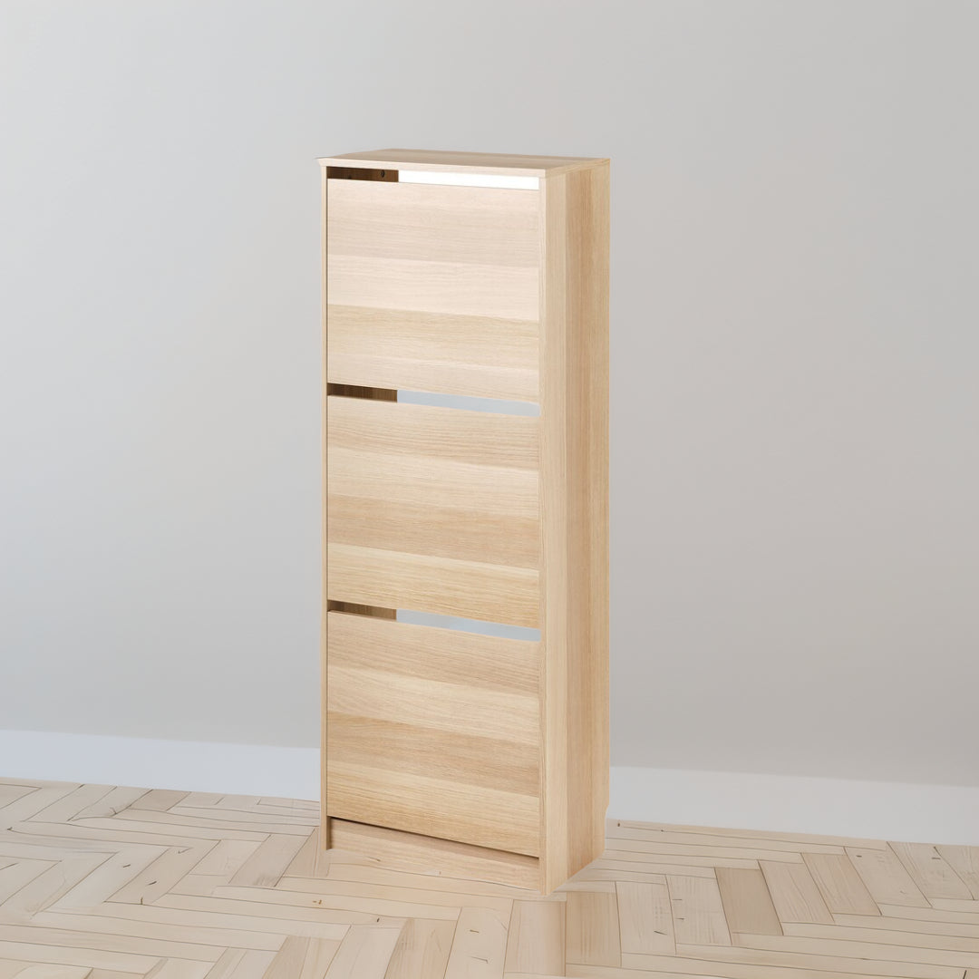 IKEA BISSA shoe cabinet with 3 doors, oak effect, 49x28x135 cm