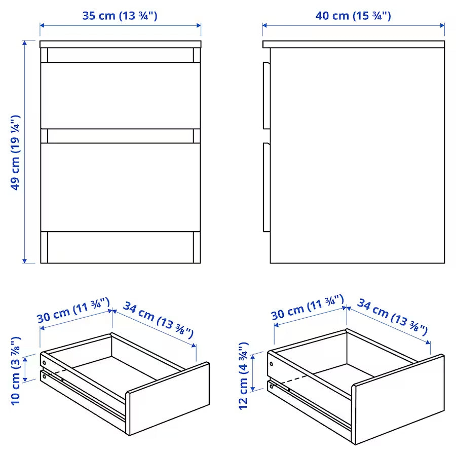 Malm on sale drawer size