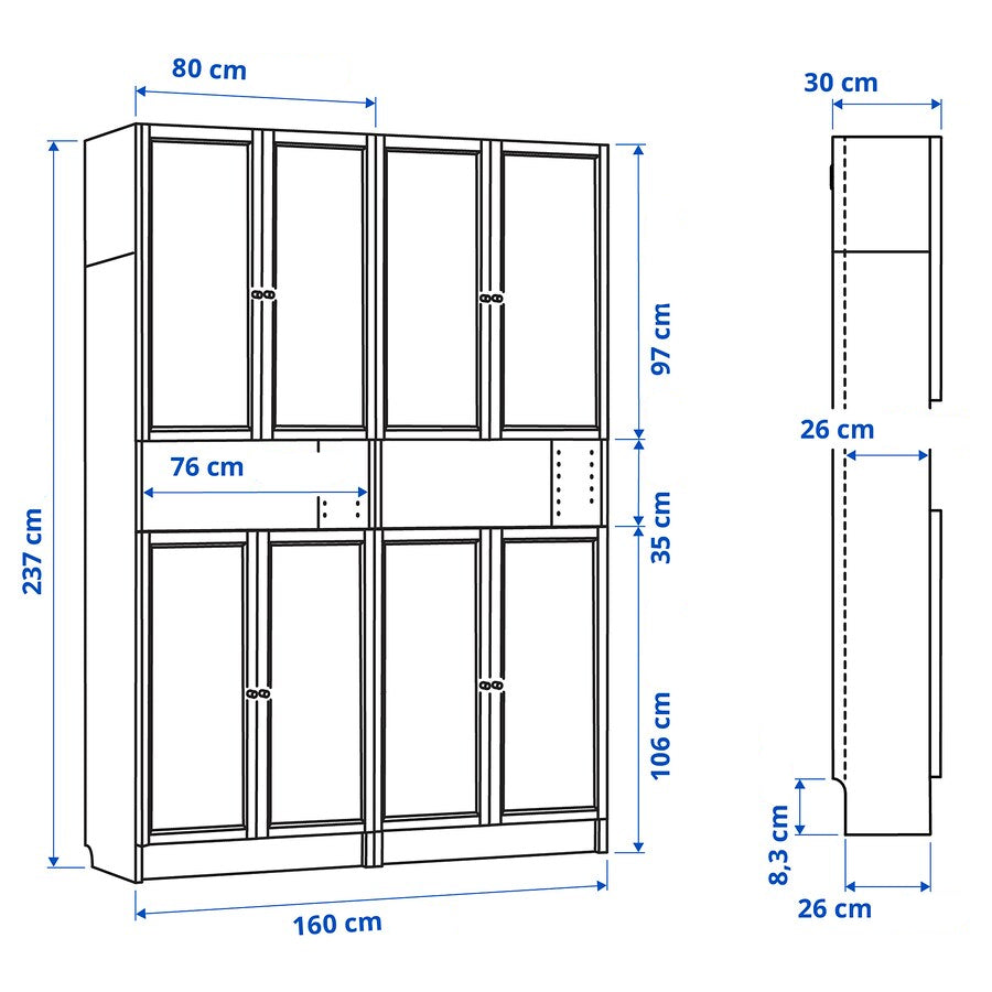 IKEA BILLY Bookcase w extension, white, 160x30x237 cm