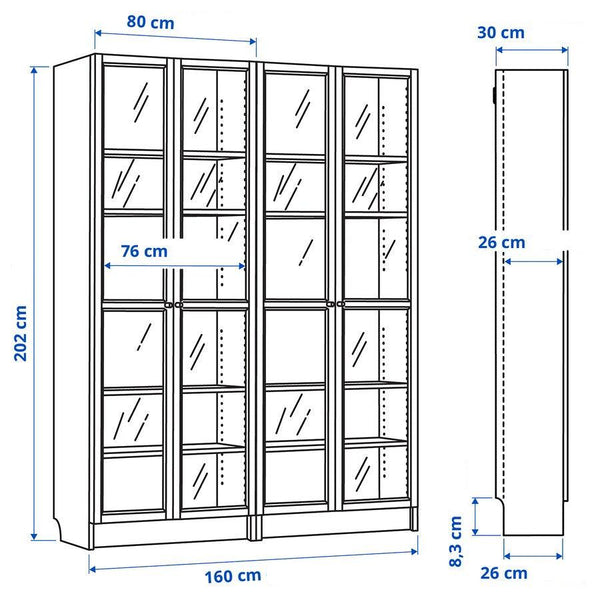 IKEA BILLY Bookcase w glass doors, black oak effect, 160x30x202 cm