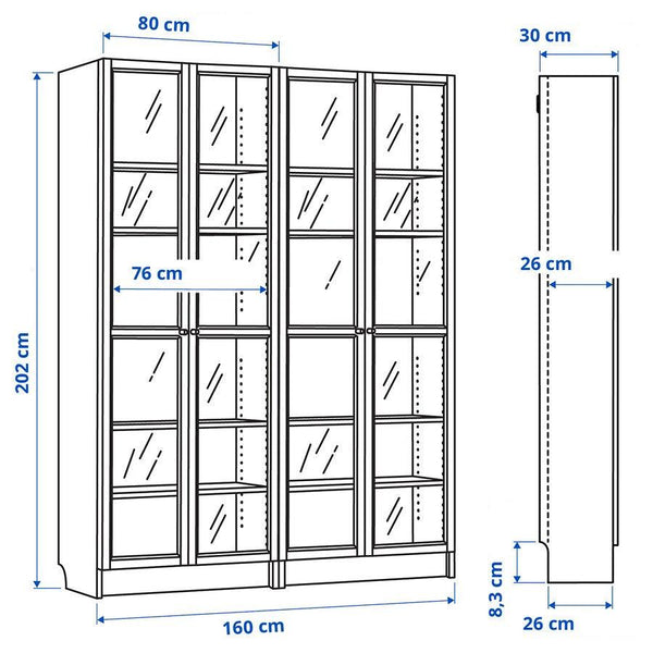 IKEA BILLY Bookcase with glass doors, white, 160x30x202 cm