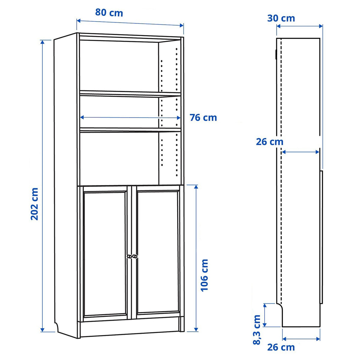 IKEA BILLY Bookcase with half doors, white, 80x30x202 cm