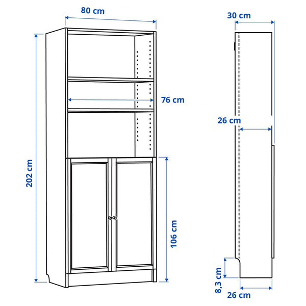 IKEA BILLY Bookcase with half doors, white, 80x30x202 cm