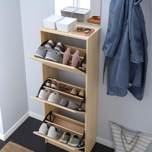 IKEA BISSA shoe cabinet with 3 doors, oak effect, 49x28x135 cm