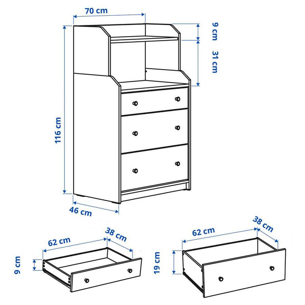 IKEA HAUGA Chest of 3 drawers with shelf, white, 70x116 cm