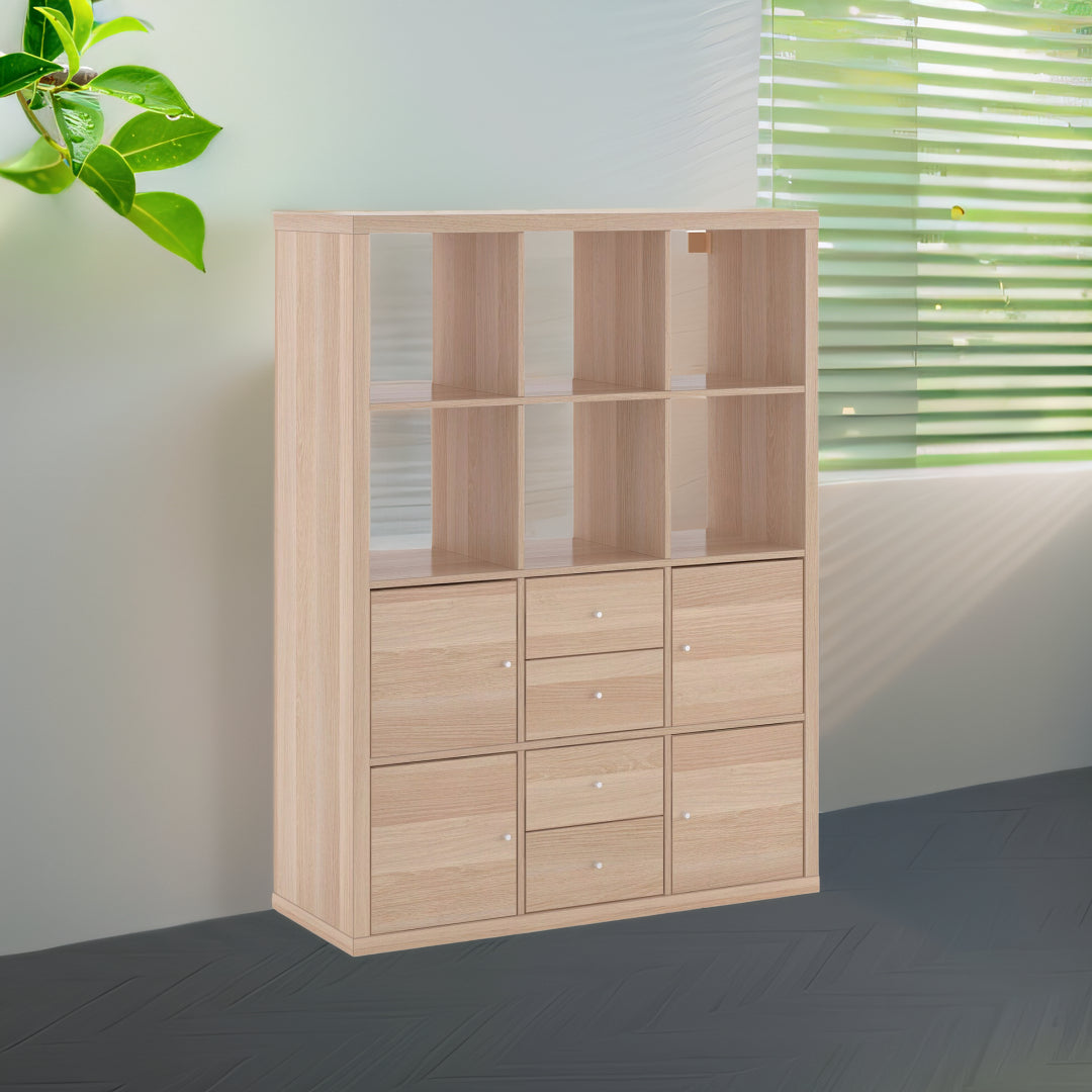 IKEA KALLAX Shelving with 2 drawers/4 doors, oak effect, 112x147 cm