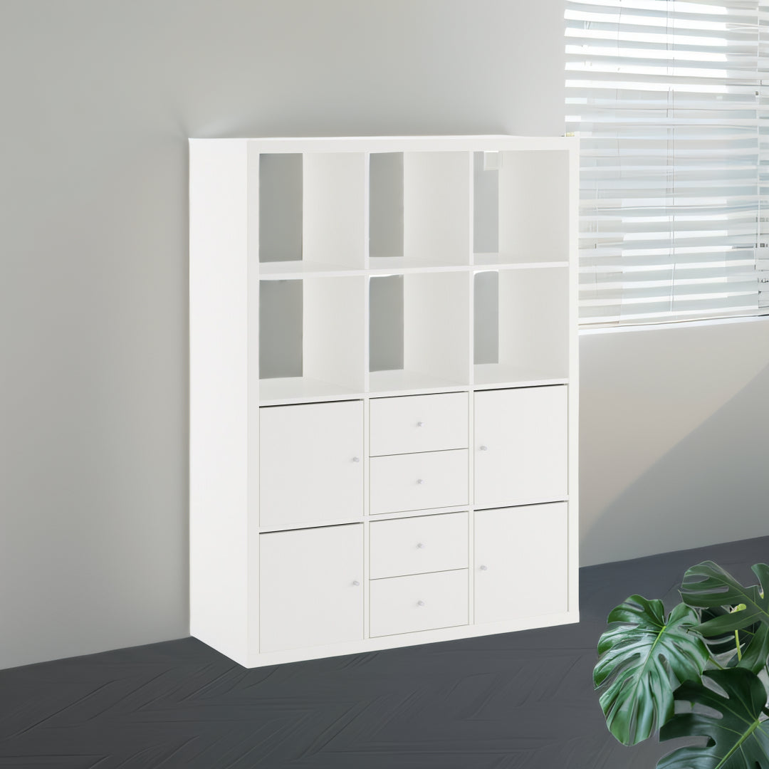 IKEA KALLAX Shelving with 2 drawers/4 doors, white, 112x147 cm