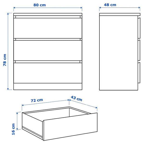 IKEA MALM Chest of 3 drawers, white, 80x78 cm