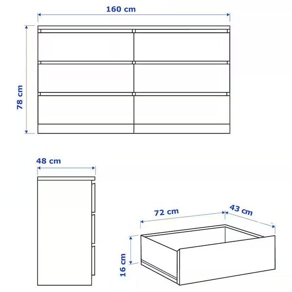 IKEA MALM Chest of 6 drawers, oak veneer, 160x78 cm