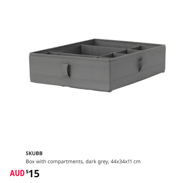 IKEA SKUBB Box with compartments, dark grey, 44x34x11 cm