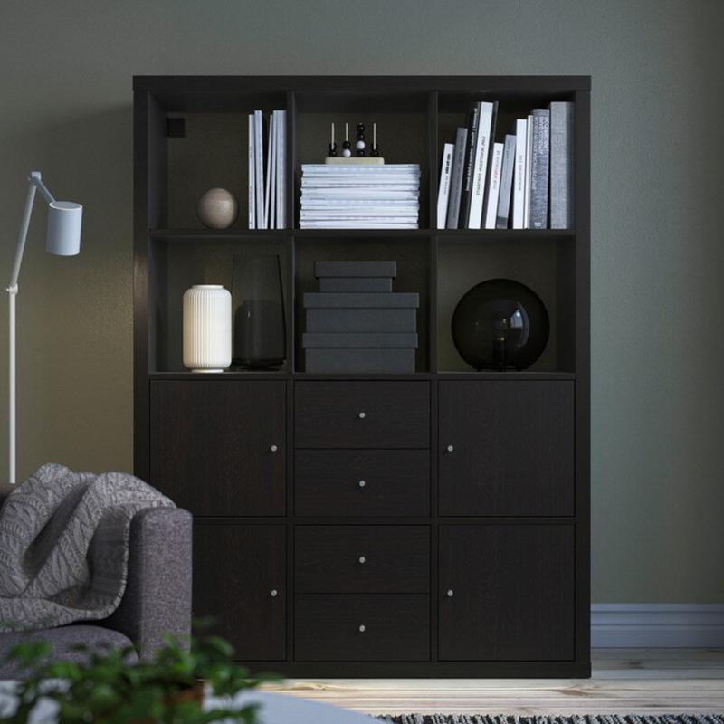 IKEA KALLAX Shelving with 2 drawers/4 doors, black-brown, 112x147 cm